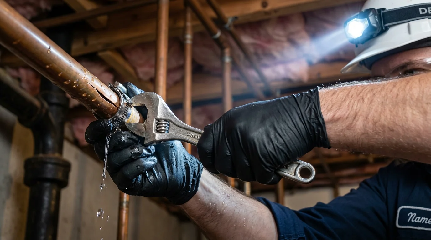 Emergency pipe clamp repair being performed by a Johns Plumbing LLC plumber in Lawton