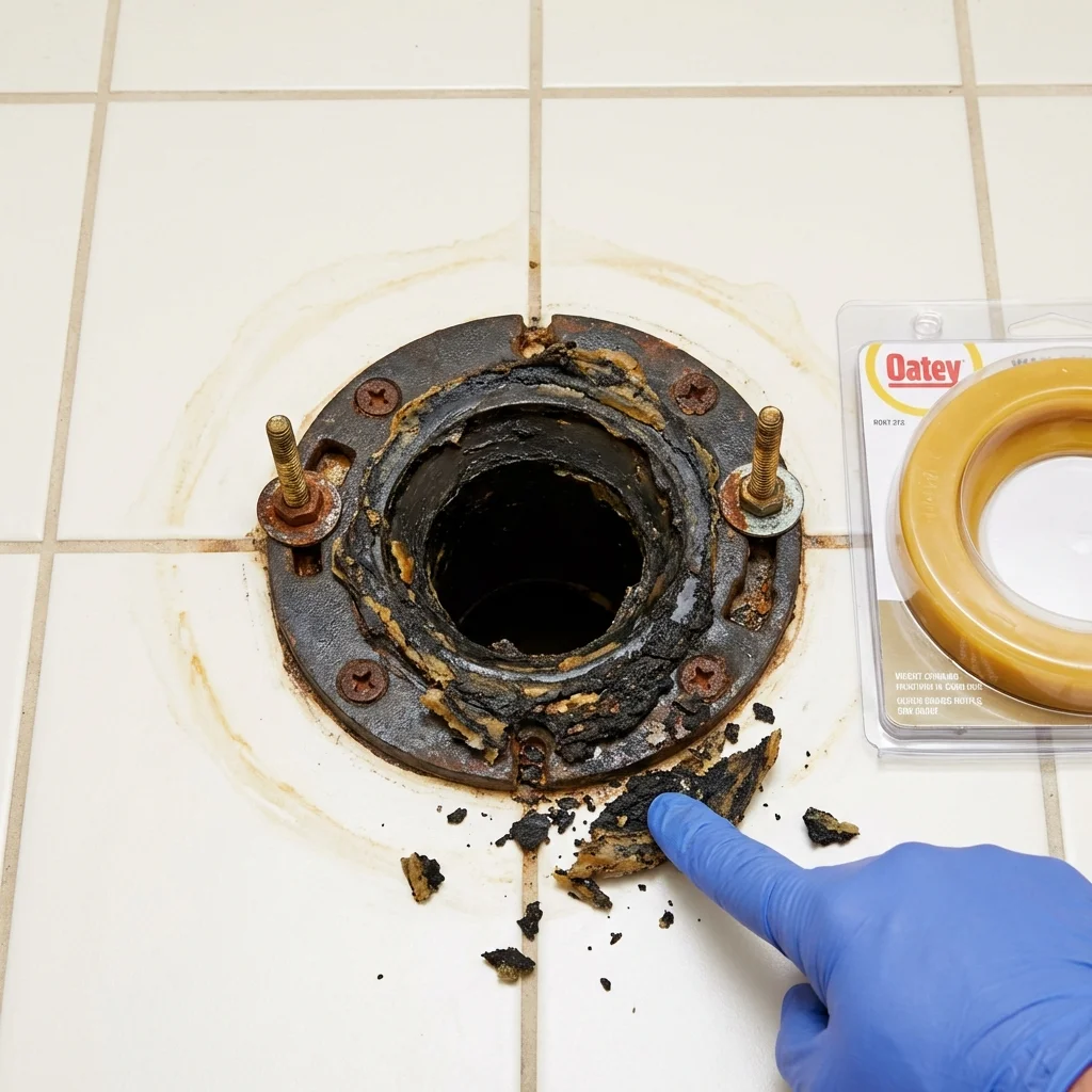 Failed wax ring showing water seepage at the base of a toilet in a Lawton, OK home