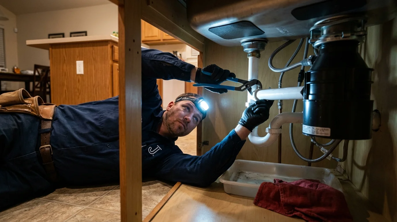 P-trap and supply line connections under a kitchen sink showing a common leak point in Lawton, OK
